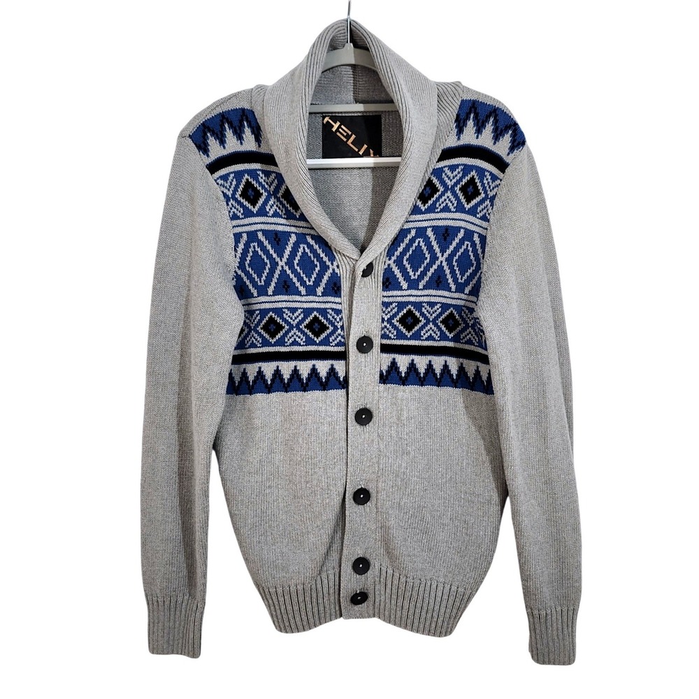 Helix Shawl Collar Cardigan Sweater Mens Small‎ Gray Blue Geometric Cotton Knit